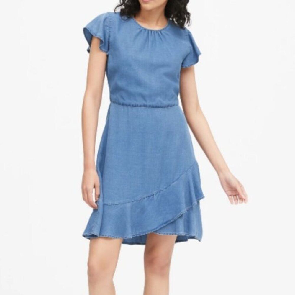 Banana Republic Tencel Faux Wrap Flutter Sleeve Crew Neck Ruffle Dress (NWT)